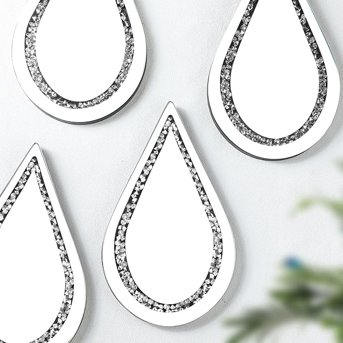 Yookeer 4 Pcs Silver Mirror Wall Decor Tear Drop Diamond Mirrors 11.8 x 6.7 Inches for Living Room Bedroom Bathroom Wall Decoration