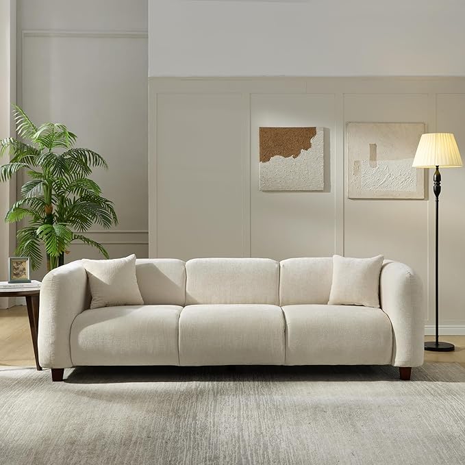 Merax 87" Velvet Upholstered Sofa Couch 3 Seater with 2 Pillows, Modern Living Room Sofa with Solid Wood Legs, Beige
