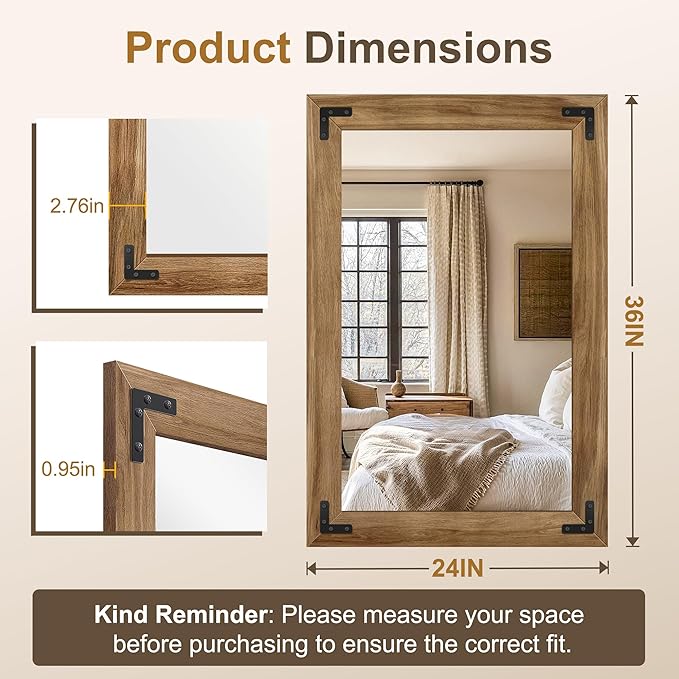 AMOISE Farmhouse Bathroom Vanity Mirror, 36" x 24" Wood Frame Wall Mirror, Vintage Rustic Decor for Entryway, Bedroom, Living Room, Vertical or Horizontal Hanging