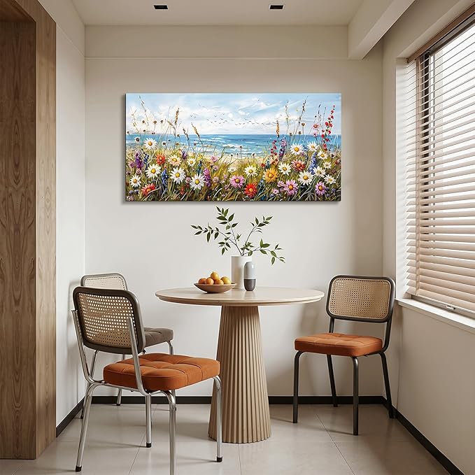 SERIMINO Large Wall Art, Beach Wall Art, Floral Wall Decor, Seaside Landscape Painting Decoration, Colorful Wildflowers Canvas Prints, Nature Pictures for Living Room Hallway Rustic Farmhouse 24"x48"