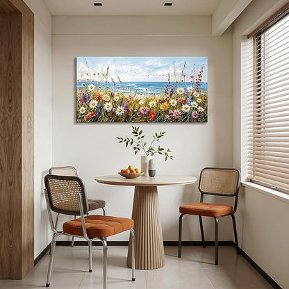 SERIMINO Large Wall Art, Beach Wall Art, Floral Wall Decor, Seaside Landscape Painting Decoration, Colorful Wildflowers Canvas Prints, Nature Pictures for Living Room Hallway Rustic Farmhouse 24"x48"