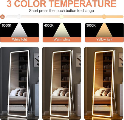 Full Length Mirror with Lights, 56" x 15.8" LED Lighted Floor Standing Body Mirror, Dimmable & 3 Color Lighting Cloakroom, Dressing Room, Tempered Glass, Rounded Corner White