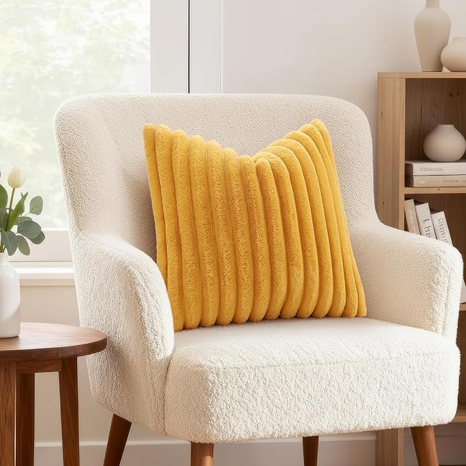 decorUhome Summer Cozy Faux Fur Throw Pillow Covers 20x20 Set of 2 Decorative Soft Plush Striped Modern Farmhouse Boho Couch Pillow Cases with Velvet Back for Sofa Bed Living Room, Mustard Yellow