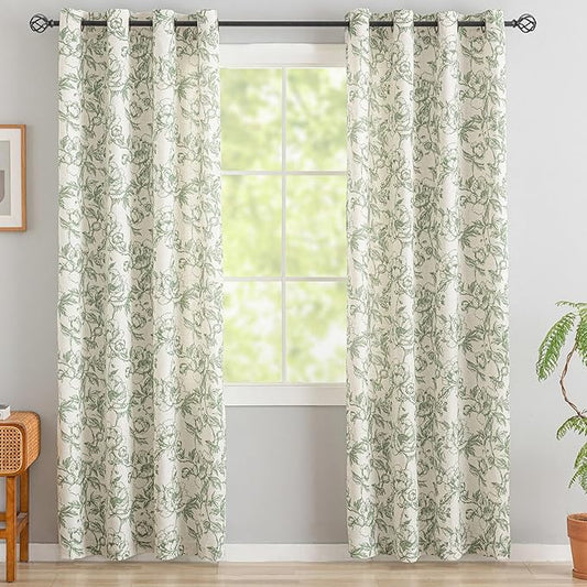 Green Floral Curtains for Living Room 90 Inches Long French Country Green Peony Print on Beige Linen Curtains Light Filtering Cottage Window Treatment Farmhouse Drapes,Pack-2,50" W X 90" L