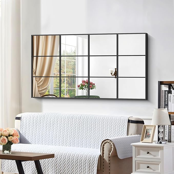Rectangle Window Mirror Wall Mounted, 30"×55" Window Pane Mirror Wall Decor Metal Framed, Large Black Mirror for Bedroom Living Room Fireplace Entryway Hanging or Leaning Against Wall