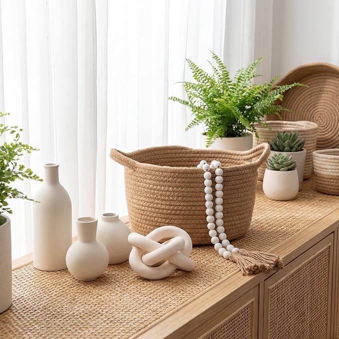 5 Pieces Country Style Ceramic Vase Set Table Centerpieces for Living Room 3 Pcs Bohemian Style Ceramic Vases with Wood Knot Chain Rings, Wooden Bead Garland Tassel Table Decor (White)