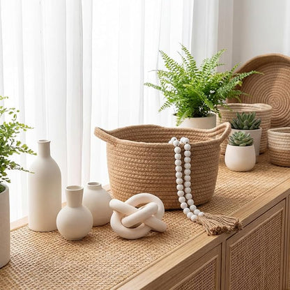 5 Pieces Country Style Ceramic Vase Set Table Centerpieces for Living Room 3 Pcs Bohemian Style Ceramic Vases with Wood Knot Chain Rings, Wooden Bead Garland Tassel Table Decor (White)