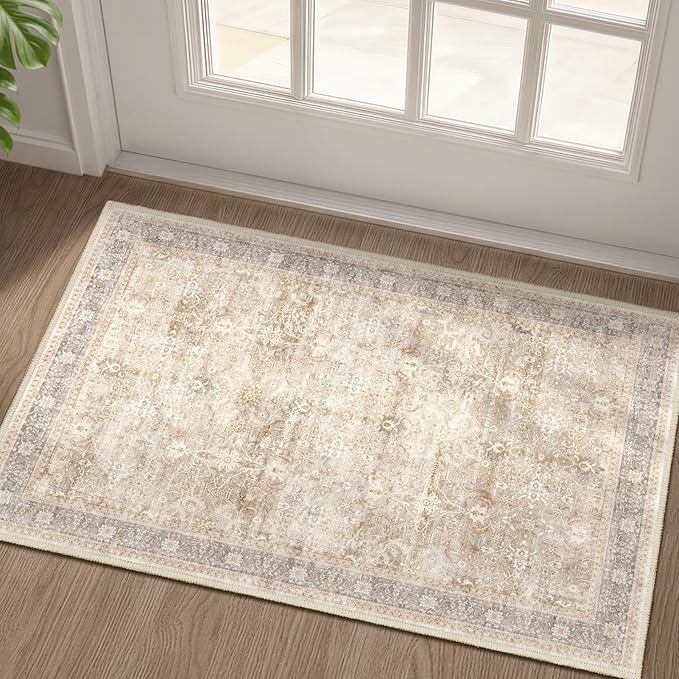 Beige Entryway Rug Indoor, 2x3 Small Door Rugs for Entry Way/Kitchen/Bathroom, Washable Non Slip Low Pile Thin Door Mat Indoor Entrance, Vintage Neutral Earth Tone Rug with Decorative Fringe