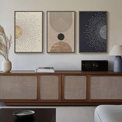 Framed Large Boho Neutral Abstract Wall Art for Living Room, Black Beige Sun and Moon Paintings Prints for Hallway Office, Set of 3 Piece Modern Minimalist Canvas Artwork Pictures 24x36 Inch