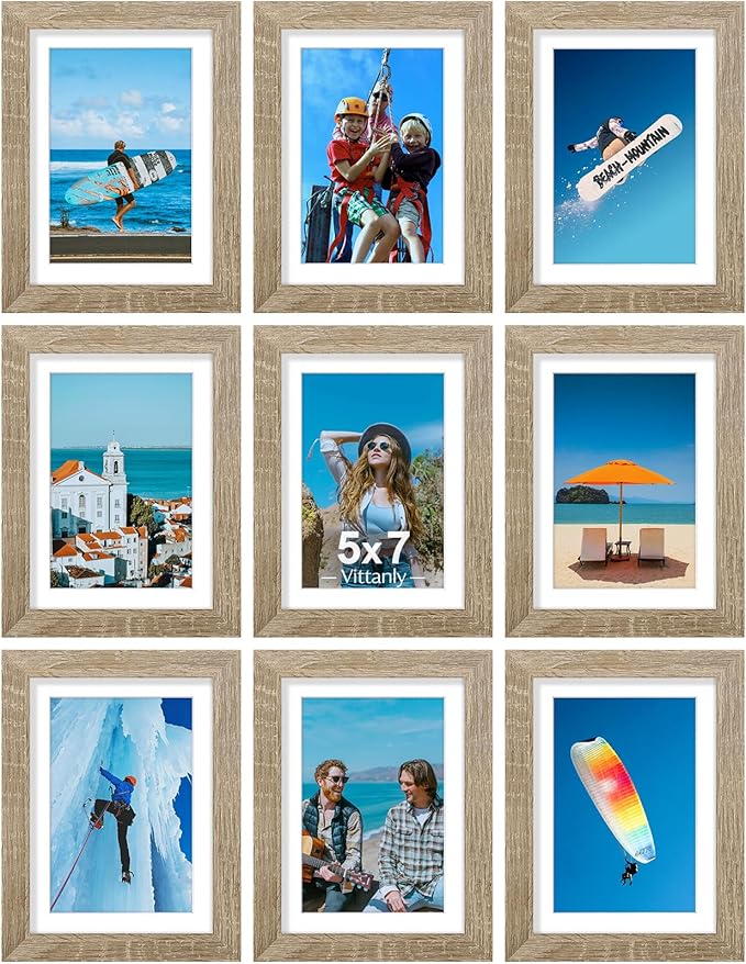 Vittanly 5x7 Picture Frames Set of 9, Display 4x6 Pictures with Mat or 5x7 without Mat, Photo Frames for Wall or Tabletop with Plexiglass, Engineered Wood, Light Wood