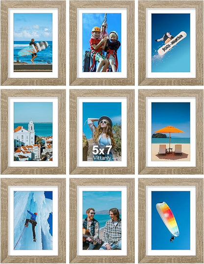 Vittanly 5x7 Picture Frames Set of 9, Display 4x6 Pictures with Mat or 5x7 without Mat, Photo Frames for Wall or Tabletop with Plexiglass, Engineered Wood, Light Wood