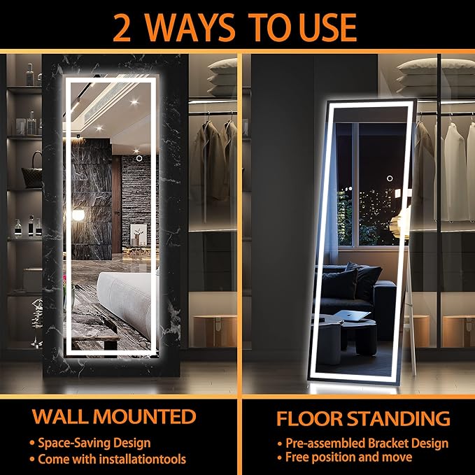 Hasipu Full Length Mirror with Lights, 65" x 21.7" LED Floor, Full Body Dressing Standing, Hanging Mounted Mirror, Square White
