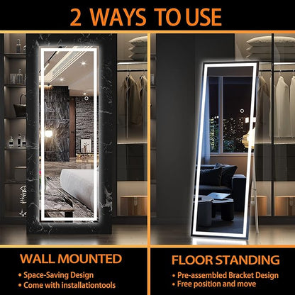 Hasipu Full Length Mirror with Lights, 56" x 15.8" LED Floor, Full Body Dressing Standing, Hanging Mounted Mirror, Square Black