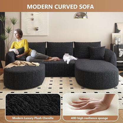 Settab 111" Modular Sectional Couches Luxury Modern Curved Back U-Shape Sofa Set with Ottoman,Minimalist Comfy Boneless Cloud Couch for Living Room Apartment,(Right Facing Chaise,Black)
