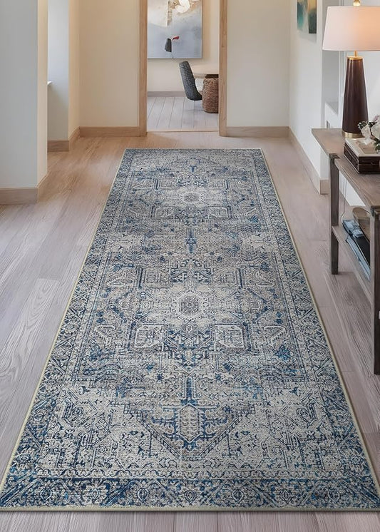 Bloom Rugs Washable Non-Slip 12 ft Runner - Blue/Gray Traditional Runner for Entryway, Hallway, Bathroom, and Kitchen - Exact Size: 2.5' x 12'