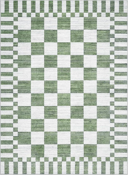 GarveeHome Sage Green Checkered Rug 4×6 Area Rugs for Living Room，Non-Slip Washable Rug Soft Low-Pile, Neutral Modern Farmhouse Geometric Rugs for Bedroom Dining Room Office