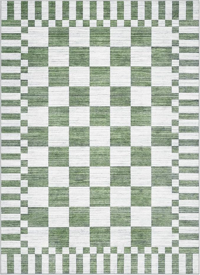 GarveeHome 8×10 Area Rugs for Living Room,Sage Green Checkered Rug, Non-Slip Washable Rugs 8x10,Soft Low-Pile Farmhouse Geometric Modern Rug for Bedroom Dining Room