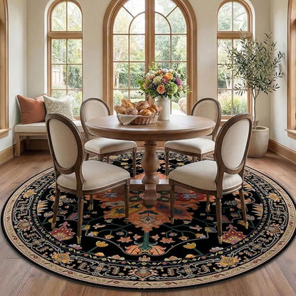 RELEANY Area Rugs Round 7ft Washable Non-Slip, Floral Vintage Distress Print Pattern Medallion Carpet for Living Room Bedroom Dining Room, Black Colorful Floral Dark Tan