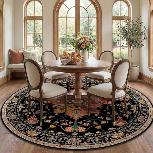 RELEANY Area Rugs Round 7ft Washable Non-Slip, Floral Vintage Distress Print Pattern Medallion Carpet for Living Room Bedroom Dining Room, Black Colorful Floral Dark Tan
