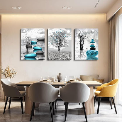 Canvas Wall Art for Living Room Wall Decor for Bedroom Bathroom Black and White Paintings Modern 3 Piece Framed Canvas Art Prints Ready to Hang Inspirational Abstract Blue Pictures Home Decorations