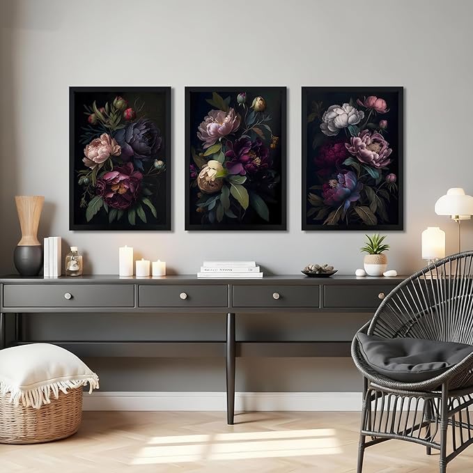 ICHZUMW Moody Peony Floral Canvas Wall Art Set of 3, Black Wood Framed Dark Academia Gothic Botanical Wall Decor, Ready to Hang Fade‑Resistant Flower Pictures for Bedroom Living Room Bathroom, 12×16in