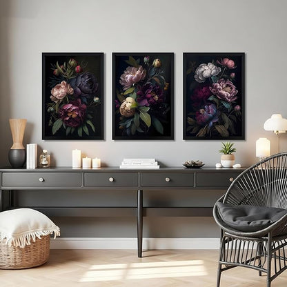 ICHZUMW Moody Peony Floral Canvas Wall Art Set of 3, Black Wood Framed Dark Academia Gothic Botanical Wall Decor, Ready to Hang Fade‑Resistant Flower Pictures for Bedroom Living Room Bathroom, 12×16in
