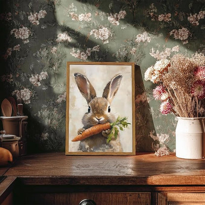 Framed Vintage Rabbit Canvas Wall Art, Cute Easter Bunny with Carrot Pictures Wall Decor, Spring Farmhouse Animal Paintings Prints Cottagecore Home Decor for Living Room kitchen Nursery 12x16 inch