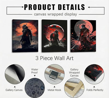 3pcs Japan Samurai Canvas Wall Art Japanese Style Full Moon Ninja Wall Decor Pictures Japanese Bushido Posters Prints Paintings for Living Room Bedroom Home Artwork Decoration Ready To Hang