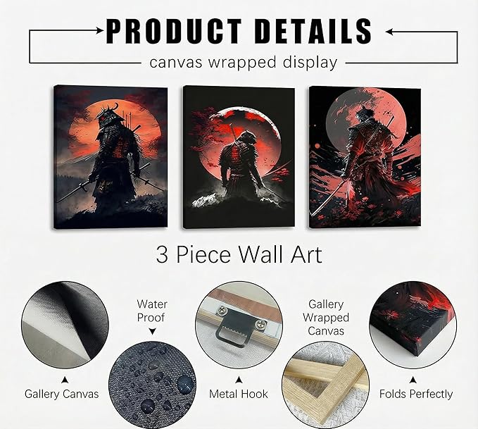 3pcs Japan Samurai Canvas Wall Art Japanese Bushido Posters Prints Paintings Japanese Style Full Moon Ninja Wall Decor Pictures for Living Room Bedroom Home Artwork Decoration Unframed
