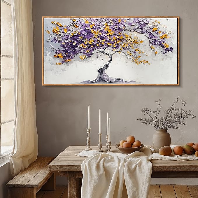 crmotu Tree of Life Large Framed Wall Art, Purple Tree Abstract Art Wall Decor, Modern Neutral Plant Canvas Prints, Minimalist Wall Pictures for Living Room Bedroom Yoga Office Decorations 29x57inch