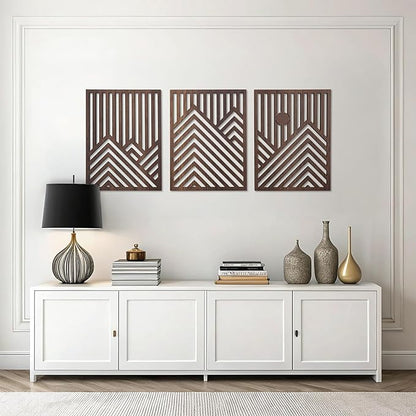 qmmp Modern Wooden Wall Sculptures - Set of 3 - Home Decor Accent - Large Wall Art for Living Room, Bedroom, Office - Easy Installation (Walnut, XLarge - Mountain and Sun)