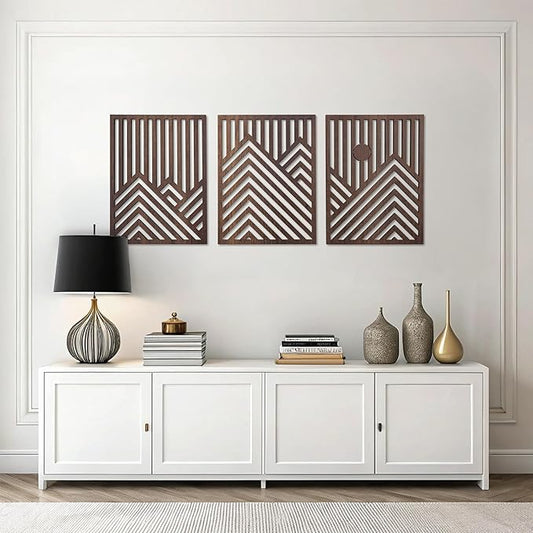qmmp Modern Wooden Wall Sculptures - Set of 3 - Home Decor Accent - Large Wall Art for Living Room, Bedroom, Office - Easy Installation (Walnut, XLarge - Mountain and Sun)
