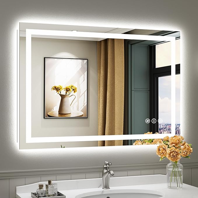 Briivue 44x30 Inch LED Bathroom Mirror with Lights, Backlit & Front Lit, Anti-Fog Lighted Bathroom Vanity Mirror for Wall, Memory Function, Dimmable, HD Tempered Glass, Shatter-Proof