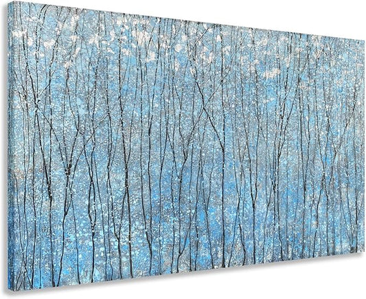 Yihui Arts Blue Tree Canvas Wall Art - Abstract Landscape Paintings with Silver Foil - Modern Forest Artwork for Living Room Bedroom Bathroom Decor