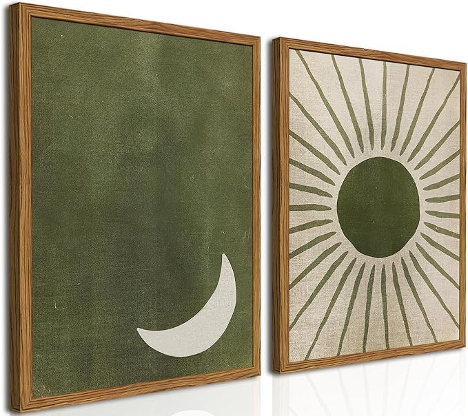 Framed Boho Sun and Moon Canvas Wall Art Set of 2, Vintage Sage Green Bohemian Pictures Wall Decor, Mid Century Modern Abstract Minimalist Paintings Prints for Living Room Bedroom Office 16x24 inch