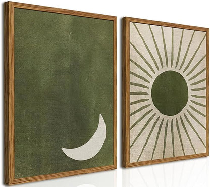 Framed Boho Sun and Moon Canvas Wall Art Set of 2, Vintage Sage Green Bohemian Pictures Wall Decor, Mid Century Modern Abstract Minimalist Paintings Prints for Living Room Bedroom Office 16x24 inch