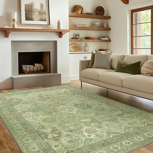 Bavni Washable Rug 8x10 Area Rug for Living Room Bedroom Dining, Washable Vintage Print Carpet, Ultra-Thin Chenille Low Pile Lightweight Rug with Non Slip Backing, Light Green