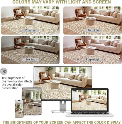 Floral Living Room Rug 6x9 Machine Washable Boho Area Rug Non Slip Vintage Low Pile Carpet for Bedroom, Farmhouse, Dining Room, Kids Playroom,Beige/Multi