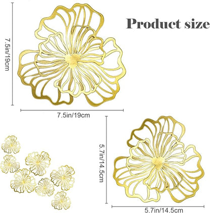 7 Piece Metal Wall Decor for Living Room, Boho Double Layered Iron Flower Wall Hanging Art, Aesthetic Indoor Metal Wall Sculpture Decor for Bedroom Kitchen Bathroom Farmhouse Home Office, Gold-Black