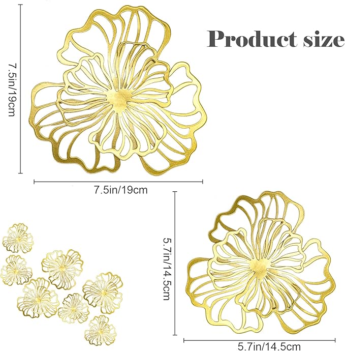 7 Piece Metal Wall Decor for Living Room, Boho Double Layered Iron Flower Wall Hanging Art, Aesthetic Indoor Metal Wall Sculpture Decor for Bedroom Kitchen Bathroom Farmhouse Home Office, Gold