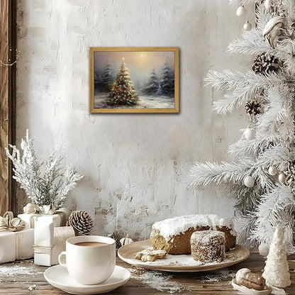 Vintage Christmas Wall Art, Vintage Pine Tree Canvas Wall Decor Painting, Rustic Winter Tree Print, Botanical Winter Art, for Table Farmhouse Mantel Home Office 12x16 Inch Wood Framed