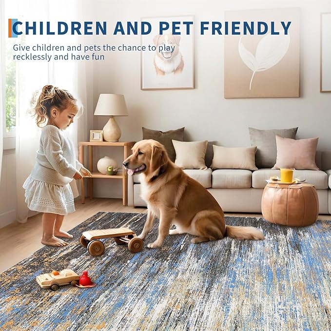 ROYHOME Washable Rug 9x12 Area Rug for Living Room, Non Slip Abstract Rug for Bedroom, Ultra Soft Area Rug, Low Pile Soft Contemporary Indoor Floor Carpet Cover, Blue/Brwon