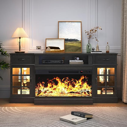 70" TV Stand with 36" Electric Fireplace, Entertainment Center Console Table for TV up to 80'', Fireplace TV Stand with Open Storage Shelves and Glass Door for Living Room, Black
