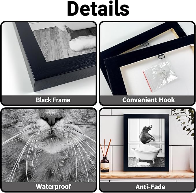 Funny Giraffe Poster - Funny Bathroom Wall Art Decor, Waterproof Black and White Quality Canvas Wall Art Pictures, Wood Framed Bathing Animals Abstract Prints for Bedroom Kids Room
