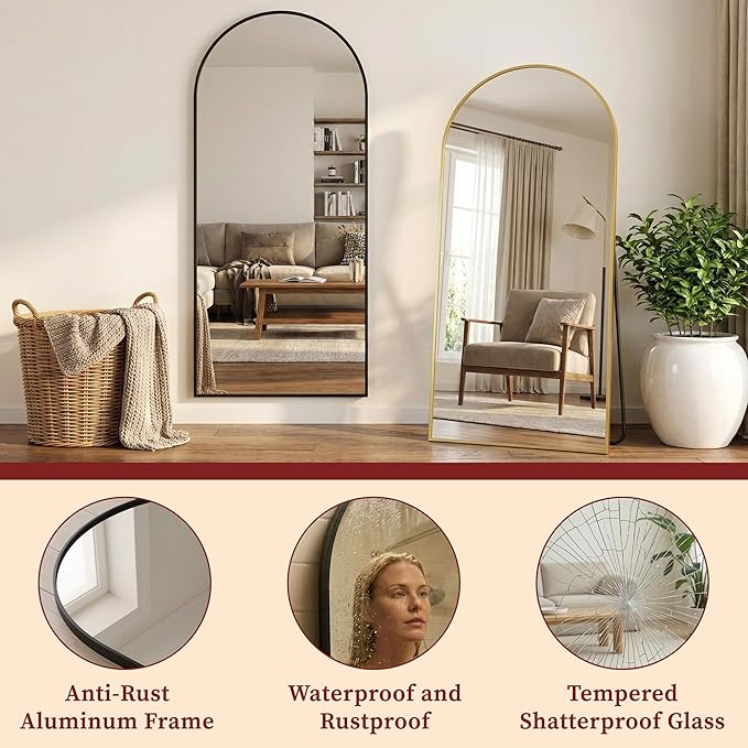 Suidia 71"x28" Arched Full Length Mirror with Stand, Full Body Mirror with Aluminum Frame, Freestanding/Leaning/Wall-Mounted, Floor Mirrors for Bedroom, Living Room, Entryway, Dressing Room, Black