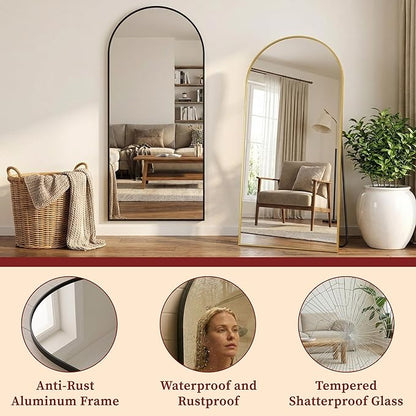 Suidia 65"x22" Arched Full Length Mirror with Stand, Full Body Mirror with Aluminum Frame, Freestanding/Leaning/Wall-Mounted, Floor Mirrors for Bedroom, Living Room, Entryway, Dressing Room, Black