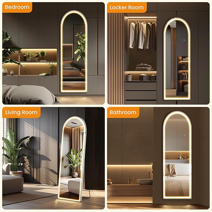 Arched Full Length Mirror with Stand 20"×63", Upgraded Full Body Mirrors with LED Light 3 Color Lighting, Floor Standing, Hanging or Leaning Modern Simple Home Wall Decor, White