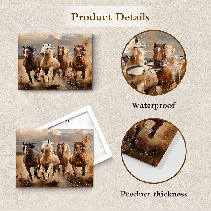 LB Vintage Horse Canvas Wall Art Brown White Horse Animal Wall Decor Running Horses Prints Wall Decoration for Living Room Bedroom Home Office Framed Ready to Hang 12L x 12W