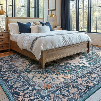 Lessymo Area Rug 5x7, Machine Washable Area Rugs, Super Soft Faux-Wool Area Rugs for Living Room Bedroom Kitchen, Boho Vintage Floral, Non-Slip Low Pile, Kid & Pet Friendly, Dark Green