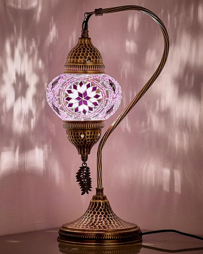DEMMEX Turkish Moroccan Table Lamp, Swan Neck Tiffany Style Mosaic Glass Table Desk Bedside Lamp for Bedroom, Living Room – Handcrafted in Turkey, Lilac